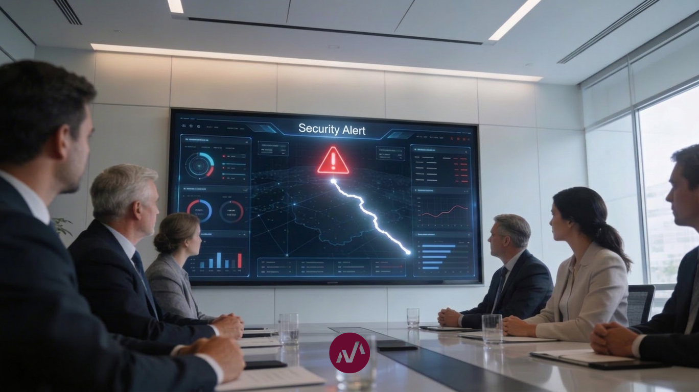 Boardroom meeting with professionals overseeing detection speed in cybersecurity dashboard, measuring their 24/7 security monitoring capabilities and business cybersecurity posture.
