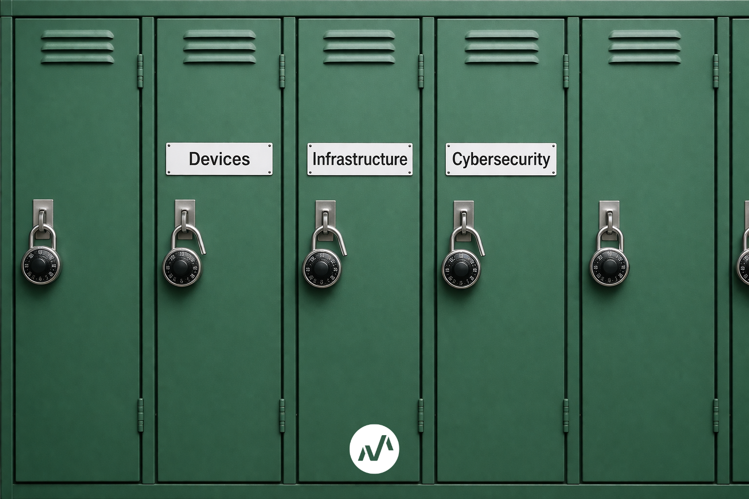 A realistic, straight-on image of school lockers symbolizing the operational side of Zero Trust for education leaders. The secured and unsecured lockers represent how identity, device risk, and visibility gaps can expose a school environment to broader cybersecurity and operational disruption. Designed for an executive audience, the image underscores that in a school setting, unmanaged devices are not just an IT issue: they are a leadership-level risk.