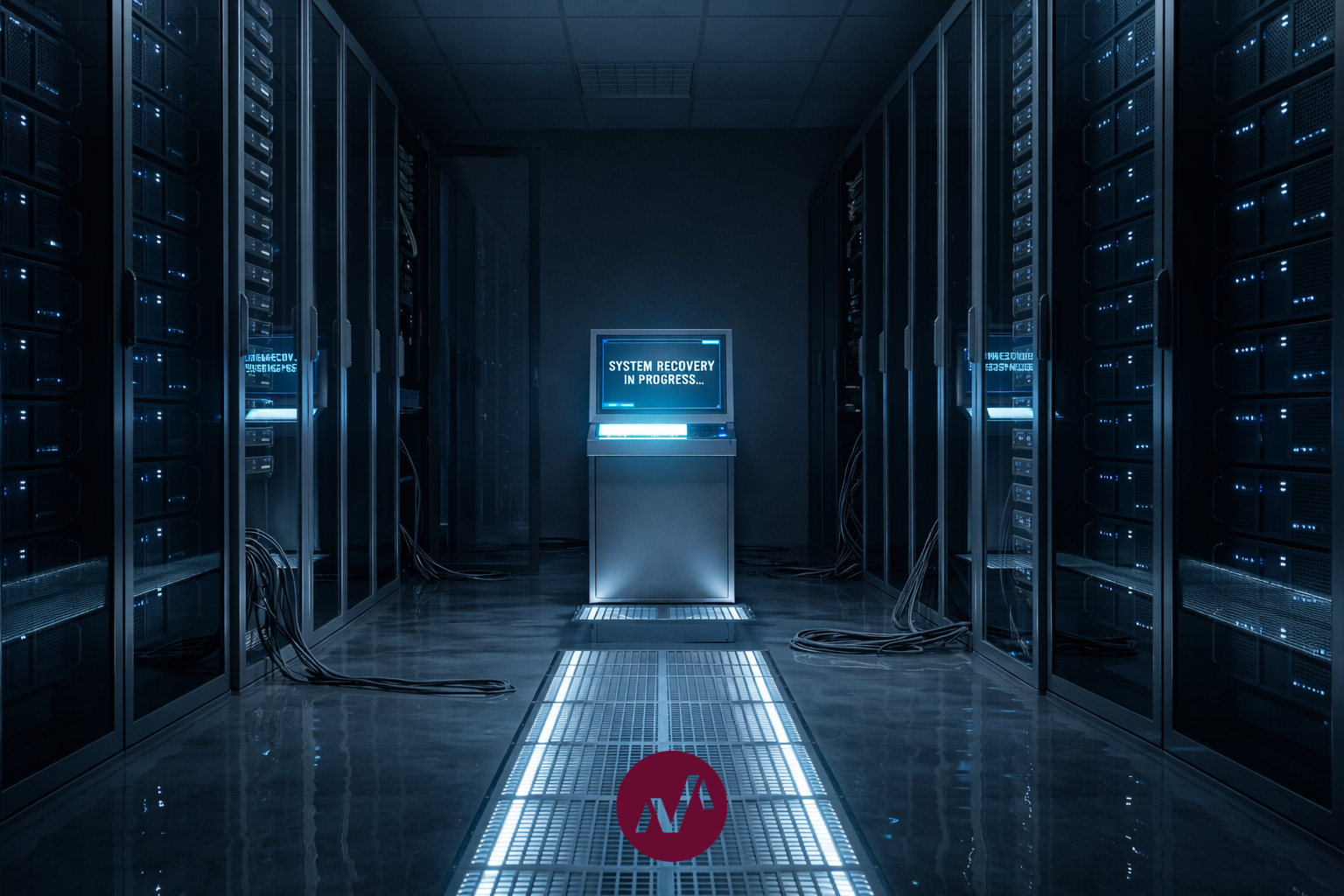 Server room with a glowing recovery console and illuminated floor path, illustrating cyber maturity, cyber resilience, disaster recovery, and business continuity after a cyber incident